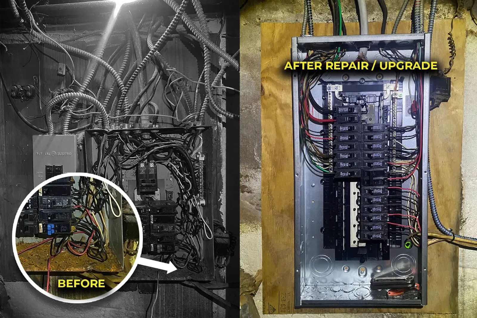 Commercial electrical panel before and after repair and upgrade by Axiom Electrical Services