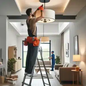 electrician installing lighting fixtures in a residential home