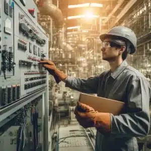 industrial electrician working on a control panel in a factory